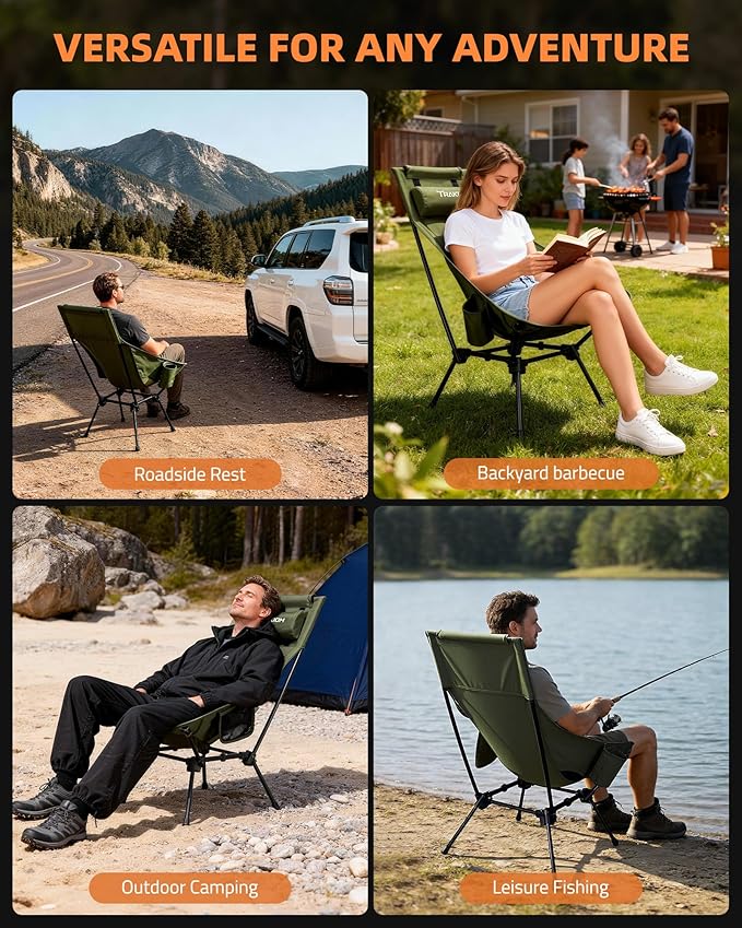 High Back Portable Compact Camping Chair Lightweight Green Folding Chair with Head Support &amp Widened Seat Adjustable Head Support for Beach Camping Festival Hiking and Outdoor Travel