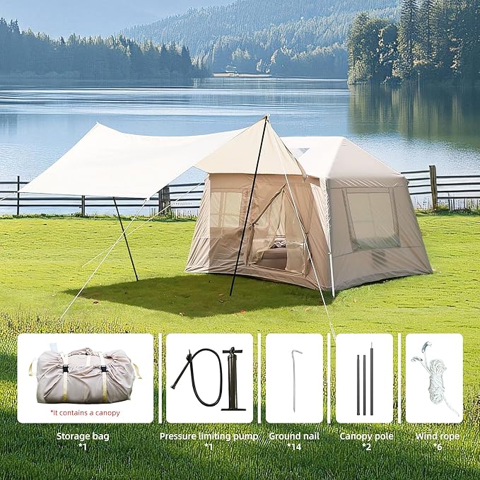 Donext Inflatable Camping Tent 4-Season Glamping Tent with Stove Jack Mesh Windows Easy Setup Windproof Cotton Outdoor Tent with Hand Pump
