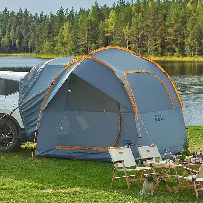 JOYTUTUS SUV Tent for Camping with Rainfly Double Door Design Car Tent with Aluminum Poles SUV Tailgate Tent with Waterproof PU2000mm Double Layer for 4-8 Person Orange