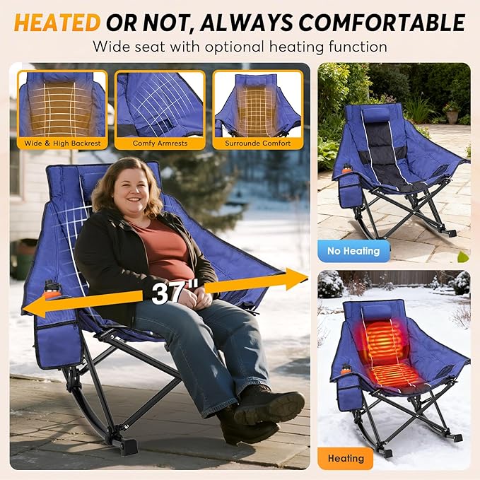 Suteck Heated Rocking Camping Chair Oversized Heated Camping Chair W/20000mAh Power Bank &amp Carry Bag Fully Padded Heated Chairs for Outdoor Sports W/3 Heat Levels for Back &amp Seat Lawn Picni