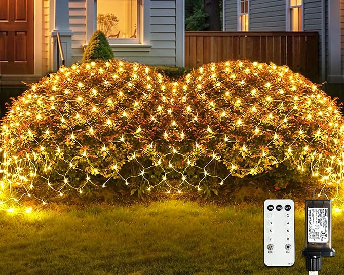 JMEXSUSS Outdoor Net Lights Waterproof 12ft x 5ft Plug in with 8 Modes Remoter 360 LED Net Lights for for Bush Patio Christmas Tree Decor (Clear Wire Warm White)