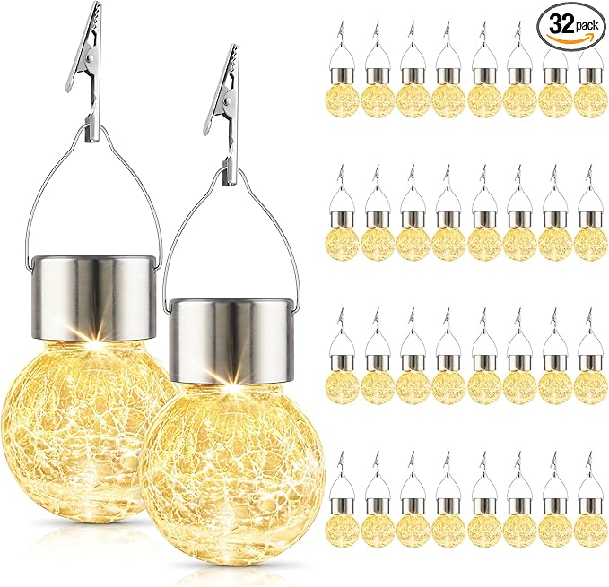Solar Lights Outdoor Decorative 32 Pack Hanging Solar Garden Lights Waterproof Solar Powered Globe Lantern Cracked Glass Ball Lights for Yard Patio Fence Tree Umbrella Holiday Decoration Warm White