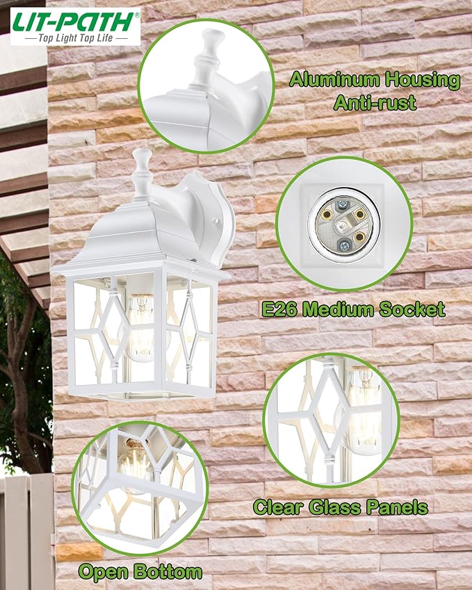 LIT-PaTH Outdoor Wall Lantern White Large Exterior Wall Light Fixture E26 Base Anti-Rust Aluminum Porch Lighting for Outside Patio Garage 1 Pack