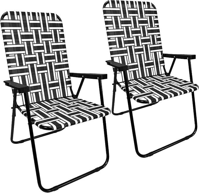 Lawn Chair Folding Steel Webbing Chaise Patio Lounger Seat Wood Handles Great for Camping Beach Fishing Backyard Stadium Pool Boating and Sports 2 Pack Black