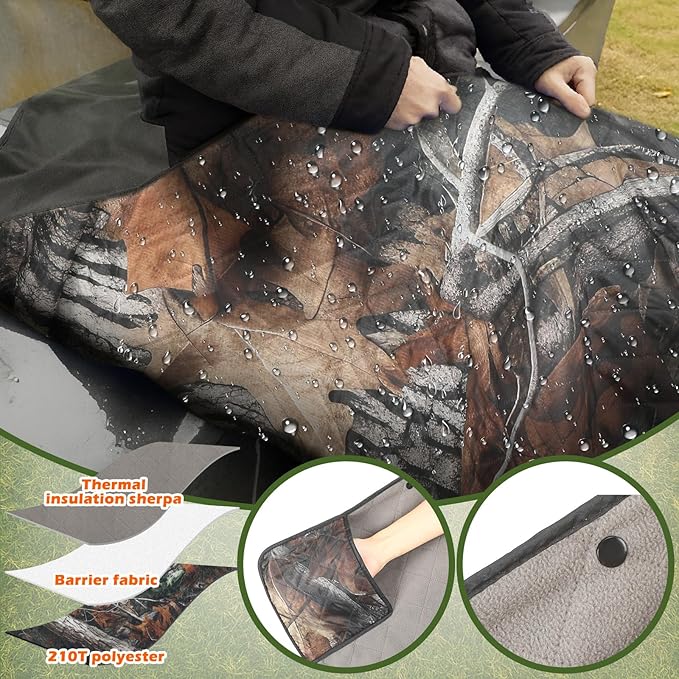 VitalCozy 55 x 95 Waterproof Woobie Camo Blanket for Hunting Extra Outdoor Stadium Blankets Sherpa Lining with Hood and Storage Pocket for Deer Duck Hunting Gear Blind Accessories(Bionic Bush Camo)