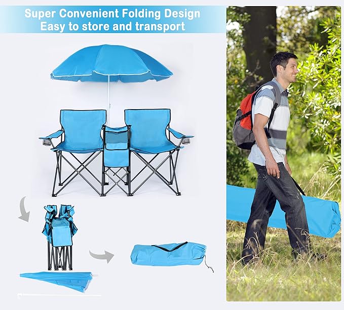 LAZZO Double Folding Camping Chairs Portable Picnic Camping Chairs w/Umbrella Mini Beverage Holder Carrying Cooler Bag Outdoor Picnic Double Folding loveseat Camp Chairs for Beach Patio Pool Park
