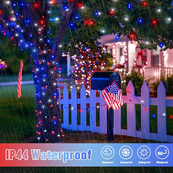 JMEXSUSS 2 Pack Red White and Blue Solar Lights 100LED 33ft Patriot Solar String Lights Waterproof 8 Modes 4th of July Lights for Independence Day Gardens Tree Outdoor 4th of July Decorations
