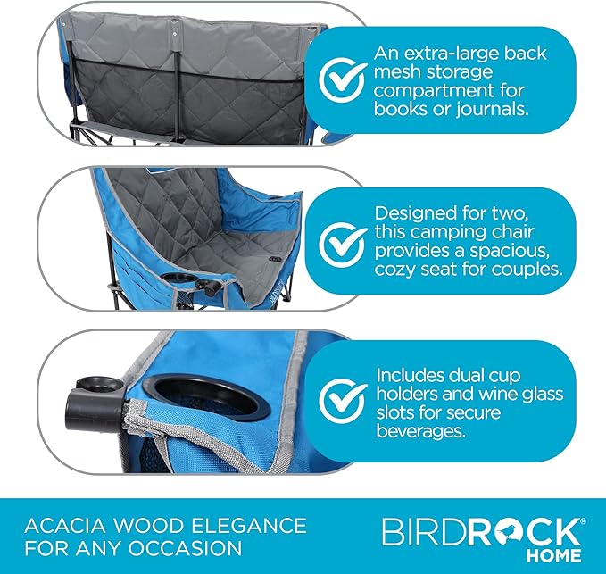 BIRDROCK HOME Double Camping Chair - Double Wine &amp Cup Holders - Blue &amp Grey Durable Padded Fabric Sturdy Frame 650 lb Cap. Storage Spacious Camping Sofa Loveseat for The Beach Sports O