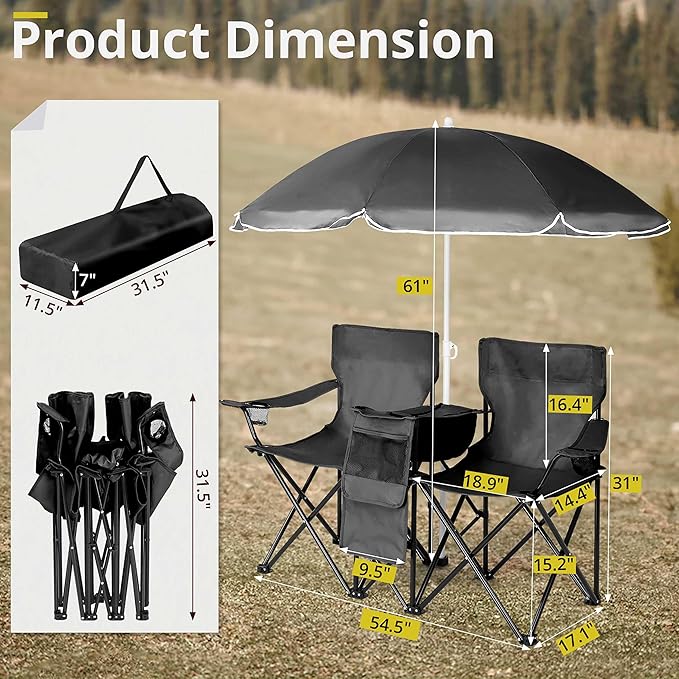 2-Seat Folding Camping Chair w/Removable Sun Umbrella Portable Outdoor Chair for Fishing Sunbathing and Camping Durable Steel Frame and Oxford Fabric Includes Carrying Bag Load 180 LBS Per Seat