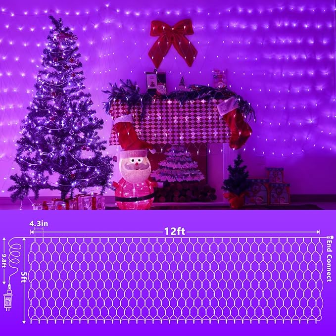 QITONG Purple Net Lights Outdoor Mesh Lights 360 LED 12ft x 5ft Christmas Net Light with 8 Modes Clear Wire Bush Light Plug in
