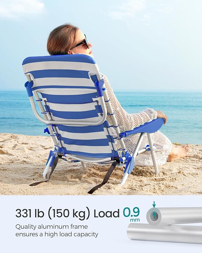 SONGMICS Portable Backpack Beach Chair 331 lb Capacity 4 Angles Adjustable Backrest 2 Side Pockets Towel Bar Blue and White UGCB62BU