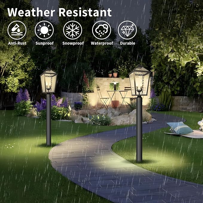 Treekee Outdoor Post Light Fixture Modern Black Pole Lantern with Water Ripple Glass &amp E12 Sockets Exterior Post Cap Lamp for Garden Pathway Courtyard Patio Porch Driveway Street