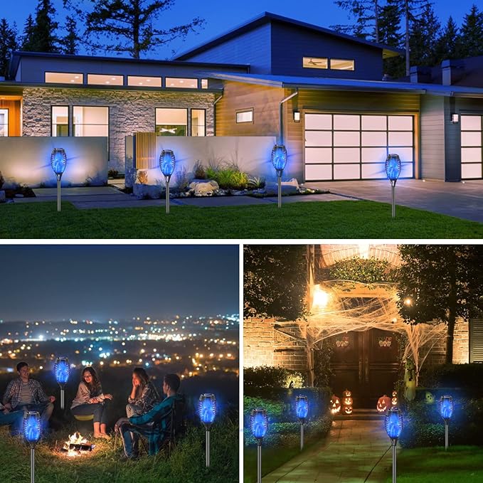Blue Solar Lights Halloween Decorations Outdoor 8 Pack Solar Torch Lights with Flickering Flame 12 LED Mini Tiki Torches Waterproof for Landscape Pathway Dusk to Dawn Auto On/Off
