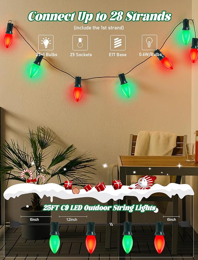 25Ft C9 LED Christmas Lights Outdoor C9 Red and Green Christmas String Lights with 26 LED Shatterproof Bulb Hanging Vintage Christmas Lights for Patio Xmas Tree Roofline Wedding Party Backyard Decor