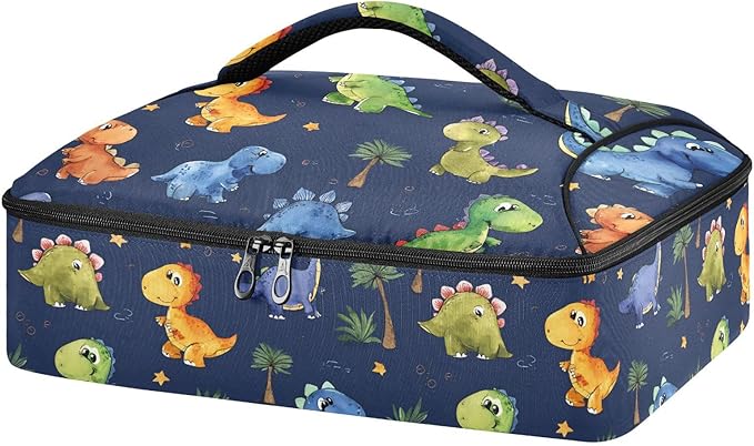 Casserole Carrier Playful Cartoon Dinosaurs PatternInsulated Casserole Carrier for Hot or Cold Food Thermal Lunch Tote for Potluck Parties Picnic Beach Fits 9 x 13 Inches Baking Dish