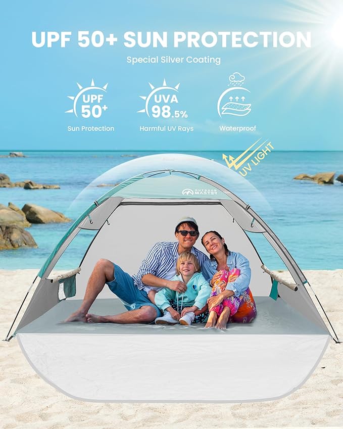 OutdoorMaster Beach Tent Sun Shelter with 2 Ventilated Doors UPF50+ Easy Setup Beach Tent Canopy for 3 Person Lightweight &amp Portable Family Beach Umbrellas for Sand with Carrying Bag-Cancun Seas
