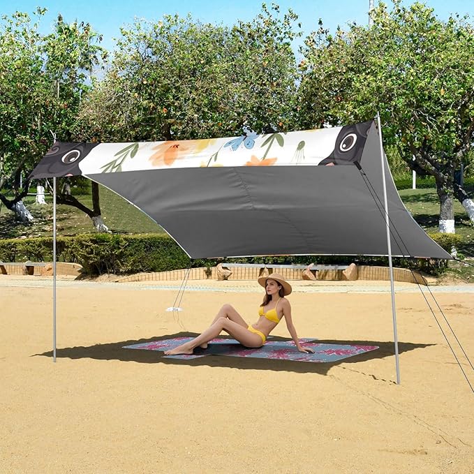French Bulldog Beach Tent Sun Shelter 9.2' x 10.5' Beach Canopy with 4 Sandbags 4 Stability Poles Sand Shovels - Tent Canopy for Beach Camping Fishing Picnics