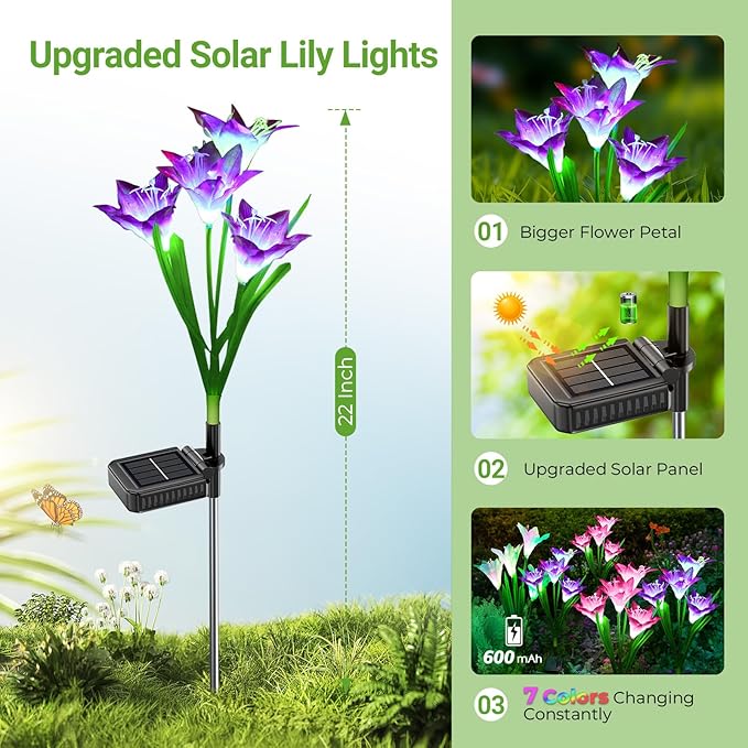 WdtPro Solar Lights Outdoor Garden Decorative 6 Pack Waterproof Solar Garden Lights with 24 Lily Flowers Color Changing LED Solar Powered Landscape Lights for Outside Yard Patio DecorGifts