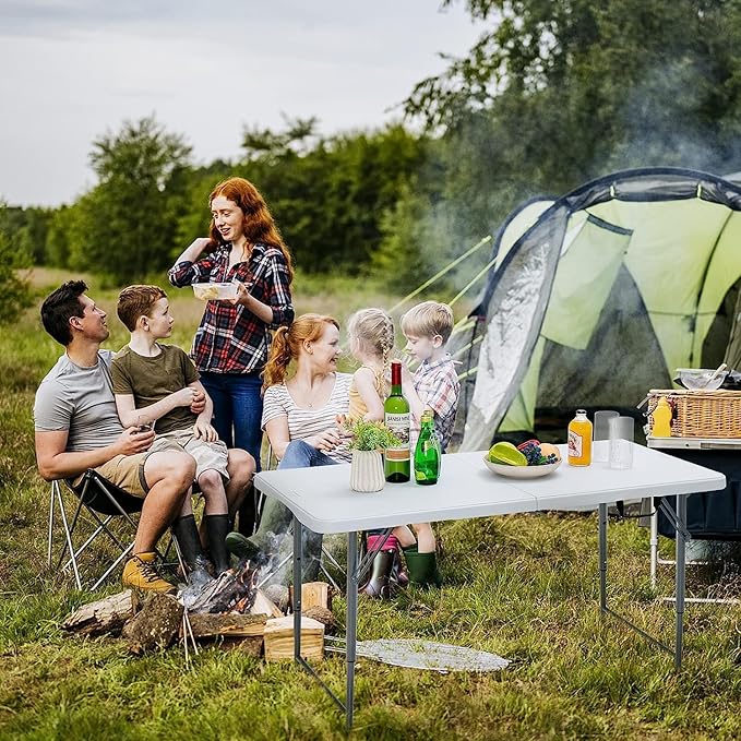 Camping Table Folding Camping Table 3-Level Adjustable Height Party Picnic Table with Carrying Handles Portable Outdoor Indoor BBQ Dining Table 150kg Load Capacity