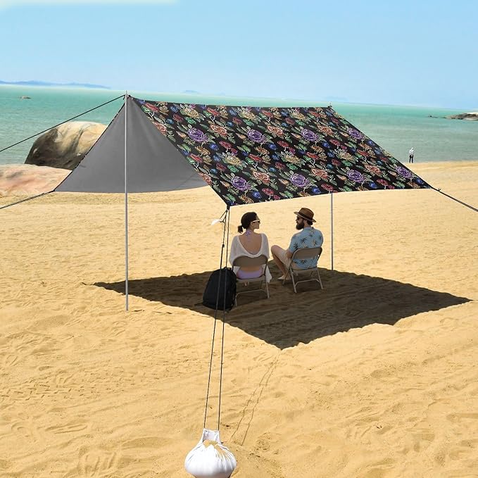 ALAZA Rose Flowers Embroidery Rainbow Beach Tent Sun Shelter UPF50+ Protection Beach Shade Canopy w/ 4 Sandbags for Outdoor Camping Fishing Backyard Fun Picnic 10x9 ft