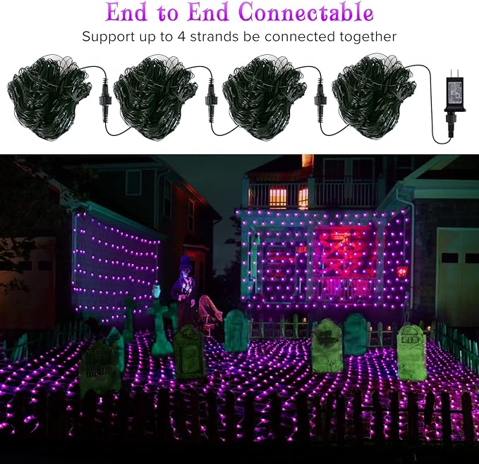 BlcTec Halloween Net Lights 200 LED 8.4ft x 5.2ft Purple Halloween Lights with 8 Modes Timer Connectable Waterproof and Green Wire Design for Trees Bushes Outdoor Decorations