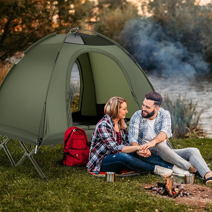 GYMAX 2-Person Tent Cot 3 in 1 Folding Off-Ground Cot Bed Combo with Portable Wheeled Bag Waterproof Rainfly 2 Mesh Doors &amp Skylight Roof for Hiking Backpacking Outdoor