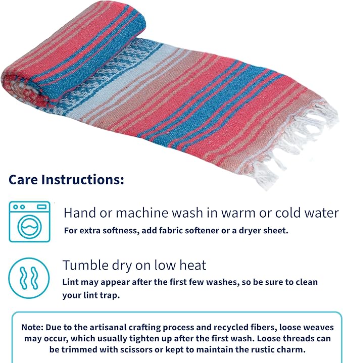 La Montana Mexican Blankets and Throws 4 Pack 74x50 - Made in Mexico Lightweight Yoga Blanket for Schools Studios Outdoors Camping Picnic Decor - Washable Turquoise/Coral/Melon/White