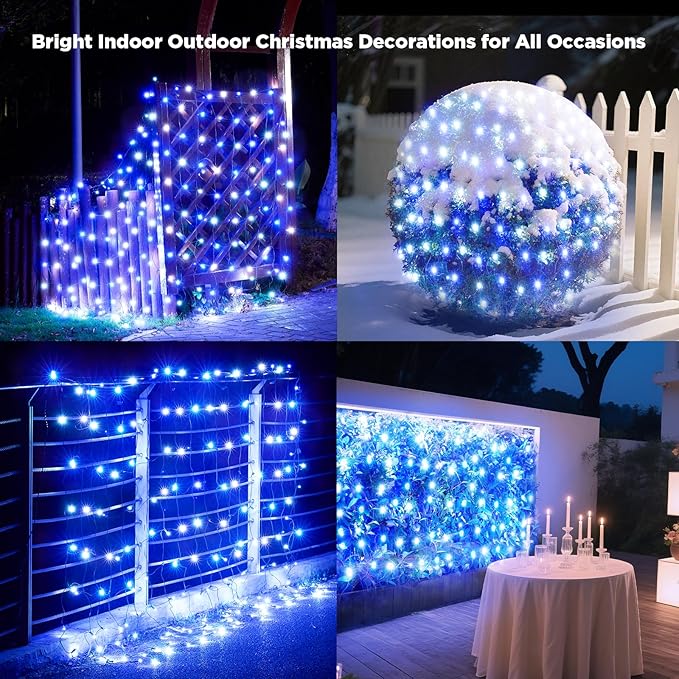 Led Net Lights Christmas Lights Outdoor 200Led 9ftx6ft Upgraded White and Blue Christmas Net Lighting Waterproof 5mm LED Wide Angle Outdoor Indoor Mesh Net Light for Tree Bushes Shrubs Decorations