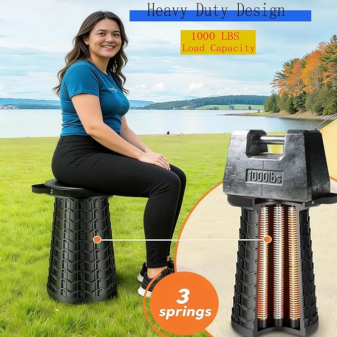 20.3“Collapsible Stool for Adults Heavy Duty 1000lbs Load Capacity Folding Stool Wider Seat&ampTaller Height Portable Seat Telescoping Chair for Camping Parade Sporting Event Campfire Party