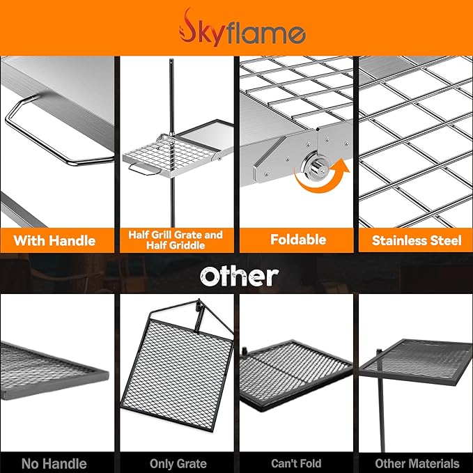 Skyflame Folding Campfire Grill Grate Stainless Steel Swivel Camping Grill Grate and Griddle with Carrying Bag Portable Outdoor Cooking Equipment for Open Flame Fire Pit Backpacking Camping