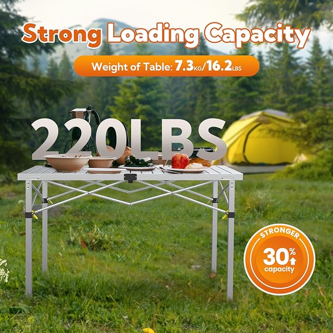 Large 46.4 Camping Table for 2-6 People - 220lbs Capacity Heavy Duty Foldable Outdoor Table with Aluminum Roll-Up Top &amp Carry Bag Portable Picnic Desk for BBQ Tailgating Backyard (Silver)