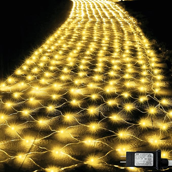 Lovelite 610 LED Christmas Net Lights 34.5ft x 5ft Mesh Lights Outdoor Clear Wire 8 Modes Waterproof Connectable String Lights Plug in for Bushes Xmas Tree Garden Holiday Party Decor - Warm White