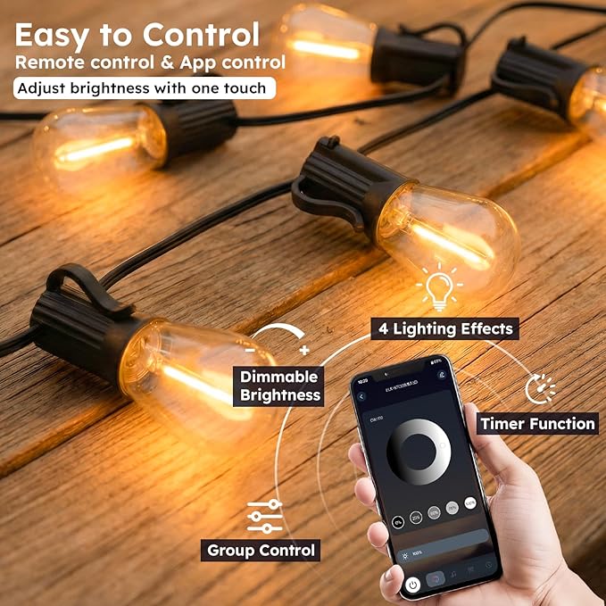 100FT S11 LED Outdoor String Lights with App &amp Remote Low-Voltage Patio Lights with Music Sync 4 Lighting Modes Dimmable Waterproof LED Lights for Backyard Porch Garden Deck Party