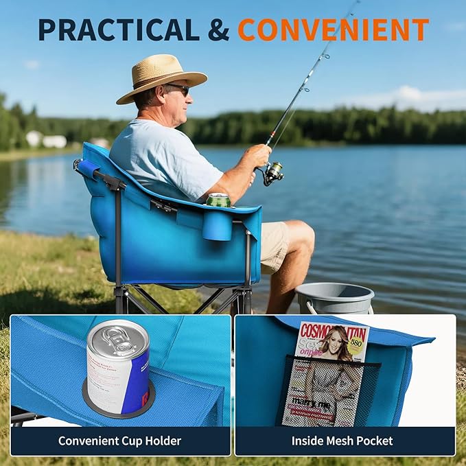 NAIZEA Padded Camping Chair Outdoor Folding Chair Portable Heavy Duty Arm Chairs with Side Pockets Cup Holder for Beach Lawn Picnic Fishing Backpacking