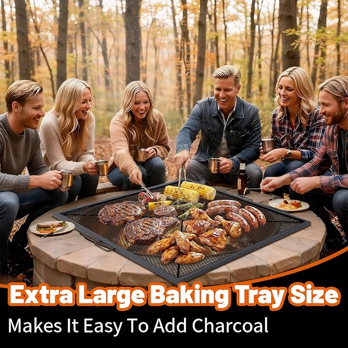 40 Inch Square Fire Pit Grill Grate with Handles Heavy Duty Campfire Cooking Grate for Fire Pit Steel BBQ Grill Grid for Outdoor Camping