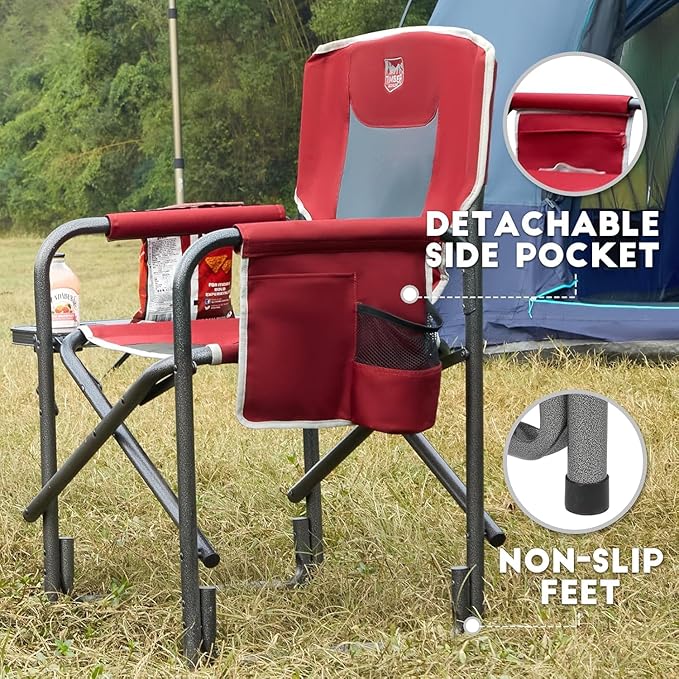 TIMBER RIDGE Lightweight Oversized Camping Chair Aluminum Directors Chair with Side Table for Outdoor Camping Lawn Picnic and Fishing Supports 400lbs Red 2PCS