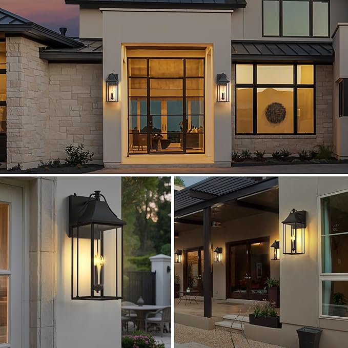 25-INCH Dusk to Dawn Outdoor Wall Light Large Size Waterproof Patio Lanterns 3-Light Exterior Wall Mount Lantern Sconce with Glass Black Wall Sconces for House Garage Front Door