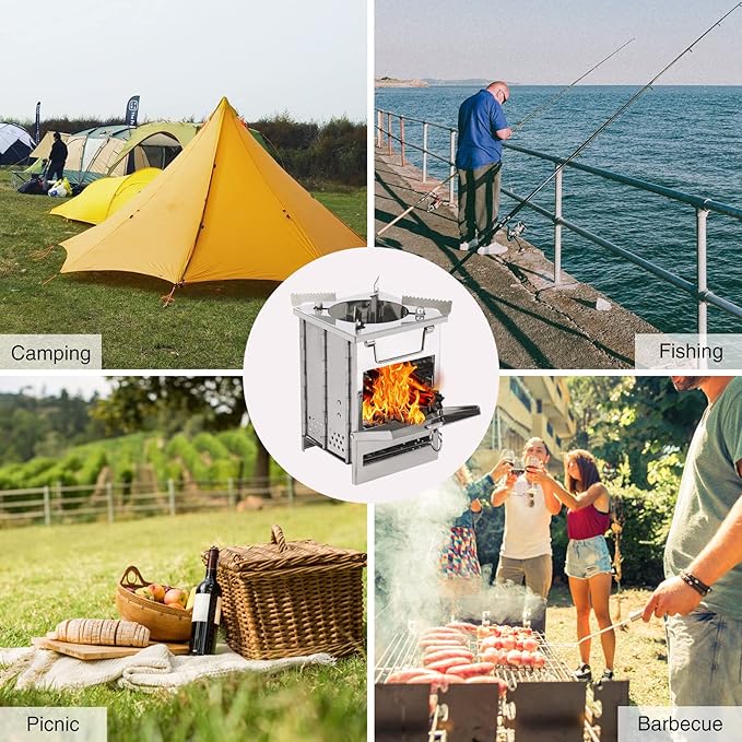 REDCAMP Wood Burning Folding Camp Stove Stainless Steel Grill and Pot Stand Portable Collapsible Backpacking Stove Survival Rocket Stove for Hiking Outdoor Tent Camping Picnic Largel with Pot Stand