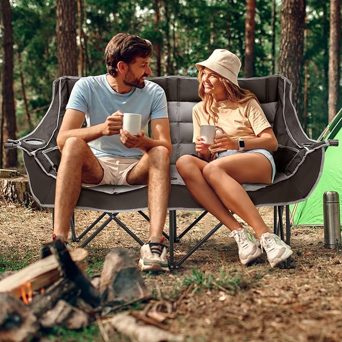Slsy Oversized Double Camping Chair Folding 2 Person Camping Chair Loveseat Fully Padded Duo Chair Camping Couch Fold Up Double Camp Chair Lawn Chairs Camping Bench with Carrying Bag