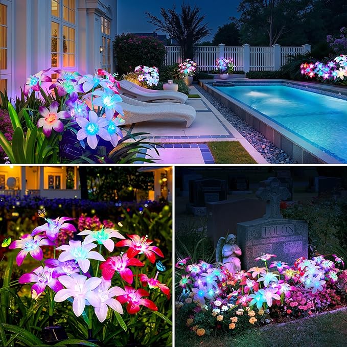 Solar Garden Lights Outdoor 4 Pack Blooming Lily Solar Flowers Outdoor Waterproof 7 Color Changing Bigger Flower Lights for Yard Patio Decor Gift for Mom