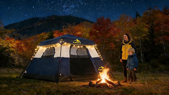 3/4 Person Camping Tent with 1 Door 4 Windows and Upgraded Ventilation– Instant Setup Waterproof 8'x 8'x 67''Oxford Fabric Floor Pop Up in 60 Seconds Includes Rainfly and Backpack