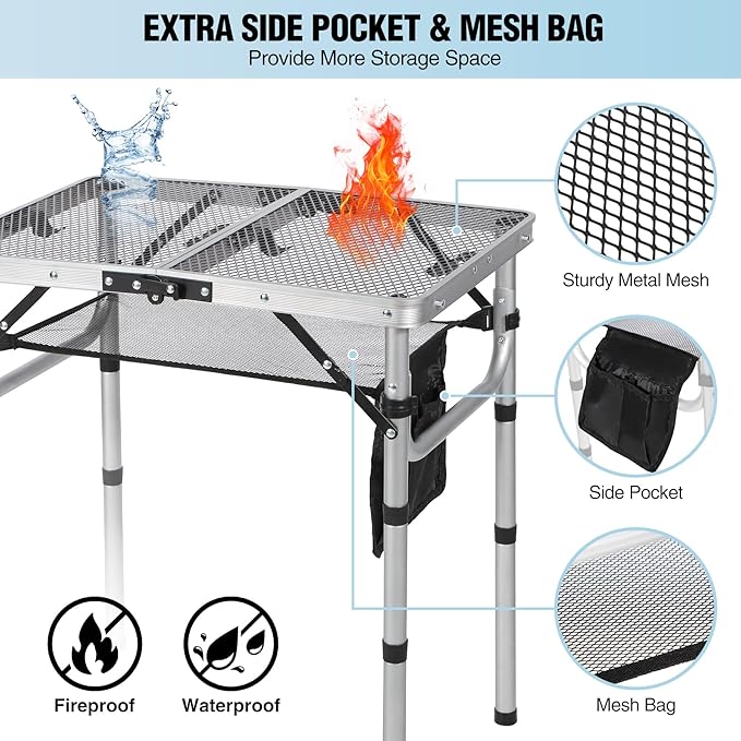 RedSwing Folding Grill Table Lightweight Height Adjustable Aluminum Table with Mesh Desktop and Mesh Bag for Outdoor Camping Picnic BBQ 2 Feet Sliver