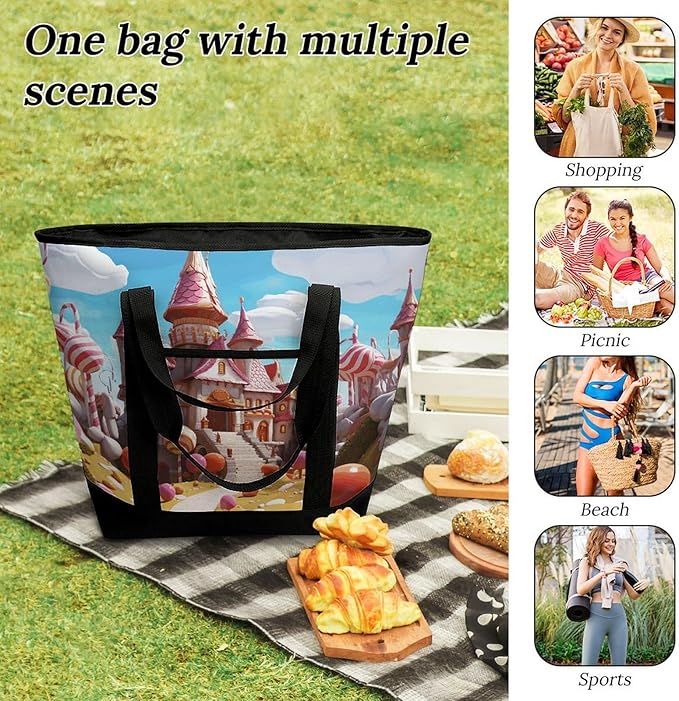 Insulated Shopping BagLarge Reusable Cooler Bags Candy Land Printed Foldable Shopping BagTravel Waterproof Shoulder Bag