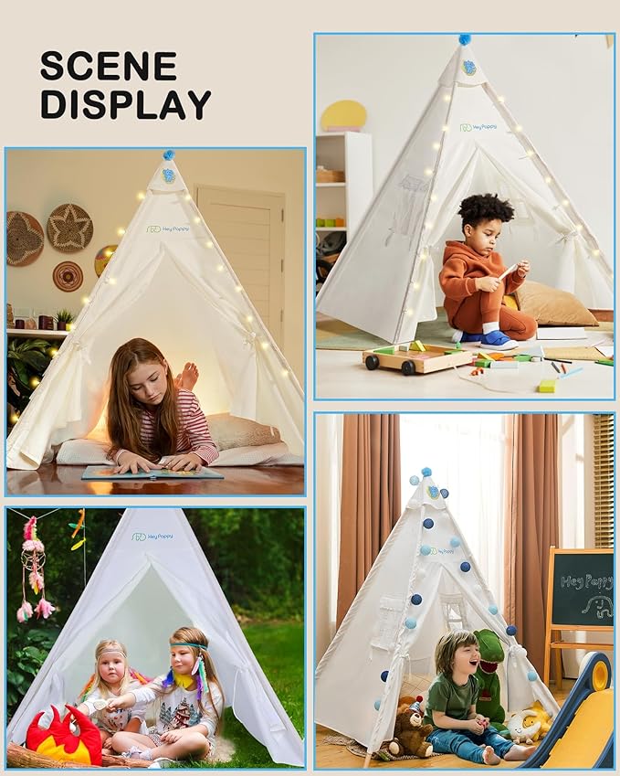Teepee Tent for Kids with Inflatable Airbed String Lights Balloons Pump Washable Slumber Party Tent Indoor Outdoor for Girls Boys Children Tipi Playhouse for Playtime and Sleepover