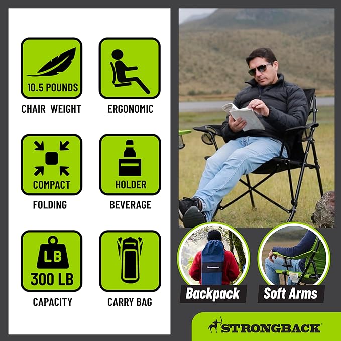 STRONGBACK Camping Chair Guru Heavy Duty Camping Chairs with Lumbar Support - Backpack Folding Camp Chair - Black