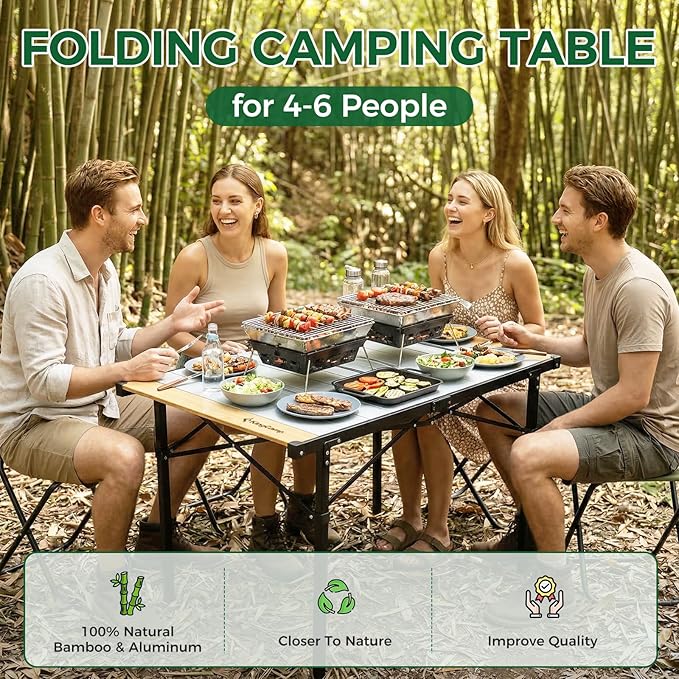 KingCamp Folding Camping Table Aluminum Roll-Up Camp Table Large Foldable Table for 4-6 Person Outdoor Portable Tables with Carry Bag 176 LBS Heavy Duty Load (Bamboo：40.16“x27.5”4-6 People)