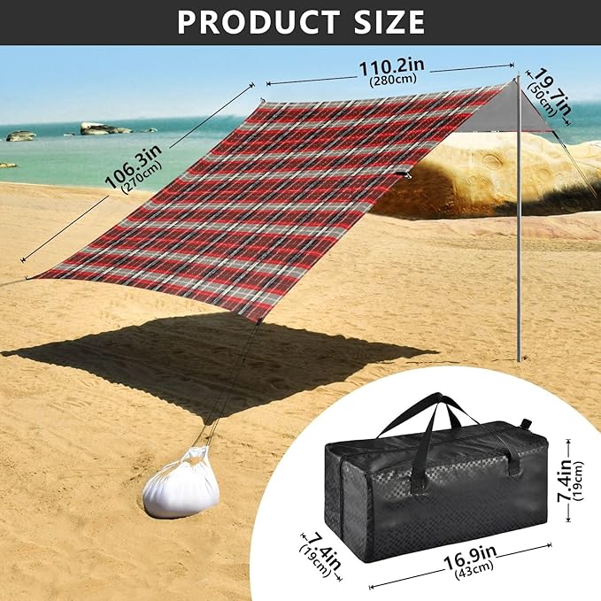 ALAZA Red Grid Tartan Cage Beach Tent Sun Shelter UPF50+ Protection Beach Shade Canopy w/ 4 Sandbags for Outdoor Camping Fishing Backyard Fun Picnic 10x9 ft