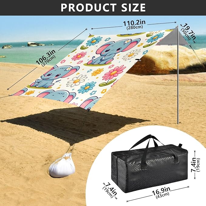 Cute Cartoon Little Elephant Little Daisy Camping Sun Shelter Beach Tent Portable Beach Sun Shade Outdoor Canopy for Camping Trips Fishing Picnic