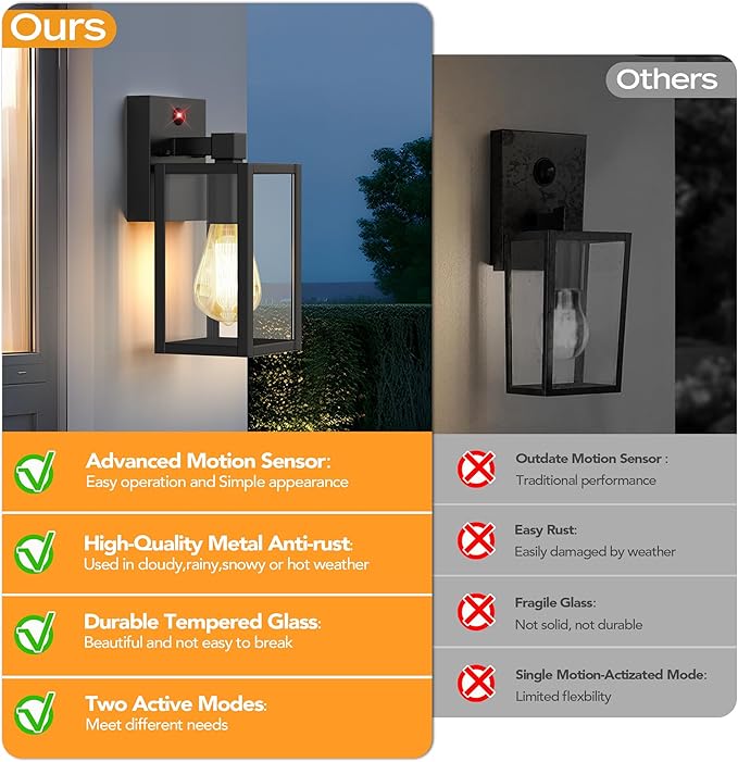 Motion Sensor Outdoor Wall Lights Dusk to Dawn Outdoor Porch Lights For House 2 Pack Exterior Lighting Fixtures with E26 Sockets Black Wall Mounted Waterproof Outside Lanterns For Garage Entryway