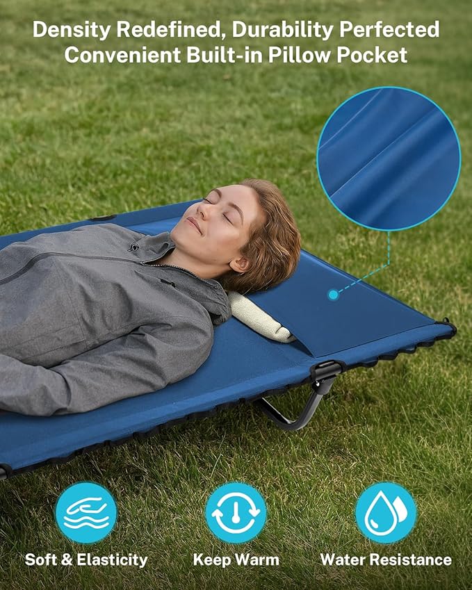 Gonex 31.5 Extra Wide Camping Cot with Premium Pillow Pocket Supports 350lbs Portable Ultralight Folding Cot Bed for Adults Travel Beach Home Sleeping (Blue)